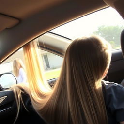 A boy sitting inside a car with his mother, who has extremely long, smooth, flowing hair, untied and cascading down