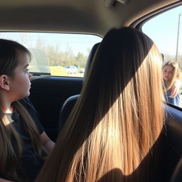 A boy sitting inside a car with his mother, who has extremely long, smooth, flowing hair, untied and cascading down