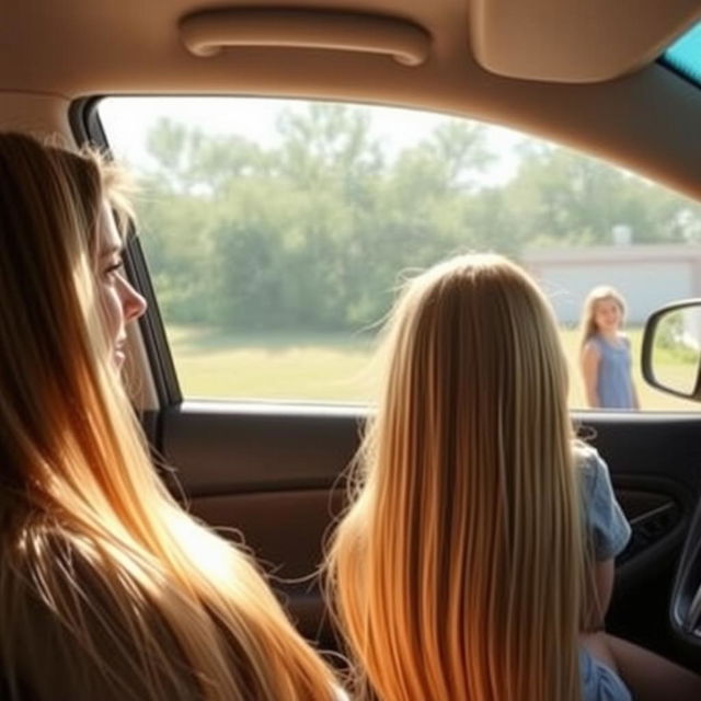 A boy sitting inside a car with his mother, who has extremely long, smooth, flowing hair, untied and cascading down