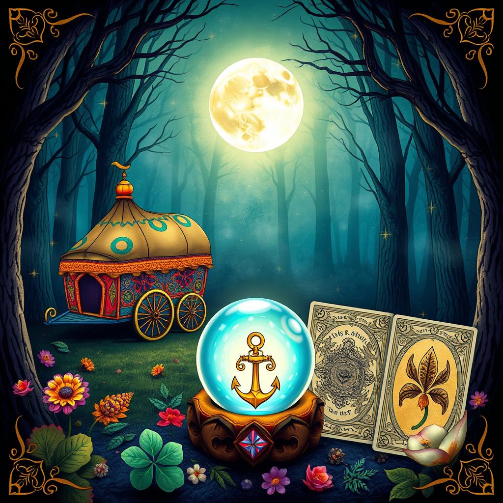 A vibrant and mystical illustration combining elements from Gypsy Tarot cards and Lenormand cards