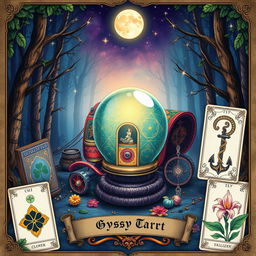 A vibrant and mystical illustration combining elements from Gypsy Tarot cards and Lenormand cards