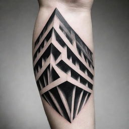 A geometric architectural design, seen from a dynamic perspective, suitable for a crisp, high-contrast tattoo