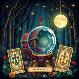 A vibrant and mystical illustration combining elements from Gypsy Tarot cards and Lenormand cards