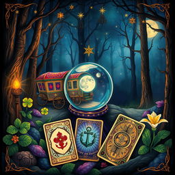 A vibrant and mystical illustration combining elements from Gypsy Tarot cards and Lenormand cards