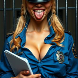 Extreme close-up of a gorgeous police officer with blond pigtails, wearing a blue uniform shirt tied in front, showcasing a police badge and a large chest with visible cleavage