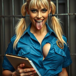 Extreme close-up of a gorgeous police officer with blond pigtails, wearing a blue uniform shirt tied in front, showcasing a police badge and a large chest with visible cleavage