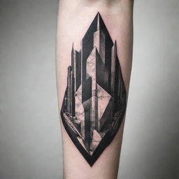 A geometric architectural design, seen from a dynamic perspective, suitable for a crisp, high-contrast tattoo