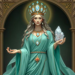 A majestic goddess of queens adorned in a sea green flowing dress that exudes grace and authority