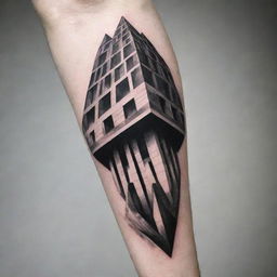 A geometric architectural design, seen from a dynamic perspective, suitable for a crisp, high-contrast tattoo