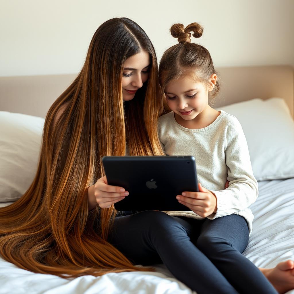 A mother sitting on a bed with her daughter, who is holding an iPad