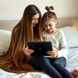 A mother sitting on a bed with her daughter, who is holding an iPad