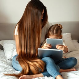 A mother sitting on a bed with her daughter, who is holding an iPad