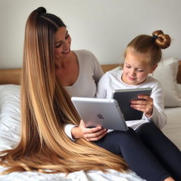 A mother sitting on a bed with her daughter, who is holding an iPad