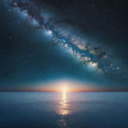 An abstract depiction of the concept of timelessness: a vast, endless cosmos with glowing stars intersecting with a tranquil, boundless ocean, both intersecting at an infinite horizon.