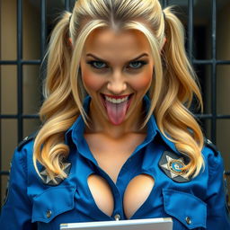 Extreme close-up of a gorgeous police officer with blond pigtails, wearing a blue uniform shirt tied in front, showcasing a police badge and a large chest with visible cleavage