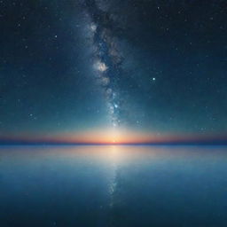 An abstract depiction of the concept of timelessness: a vast, endless cosmos with glowing stars intersecting with a tranquil, boundless ocean, both intersecting at an infinite horizon.