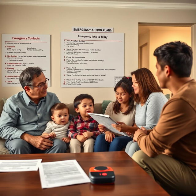 A realistic image of a family and a caregiver reviewing an emergency action plan in the living room of a house