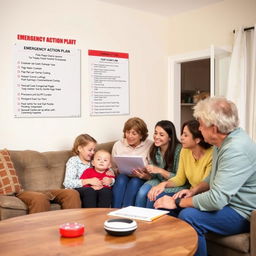 A realistic image of a family and a caregiver reviewing an emergency action plan in the living room of a house