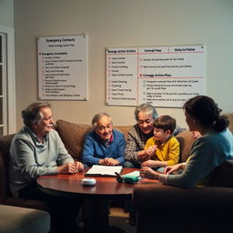 A realistic image of a family and a caregiver reviewing an emergency action plan in the living room of a house