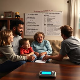 A realistic image of a family and a caregiver reviewing an emergency action plan in the living room of a house