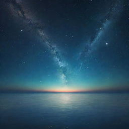 An abstract depiction of the concept of timelessness: a vast, endless cosmos with glowing stars intersecting with a tranquil, boundless ocean, both intersecting at an infinite horizon.