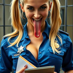 Extreme close-up of a gorgeous police officer with blond pigtails, wearing a blue uniform shirt tied in front, highlighting her police badge and emphasized chest with noticeable cleavage