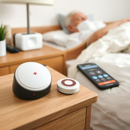 Close-up of a medical alert button placed on a bedside table next to the bed of an elderly person