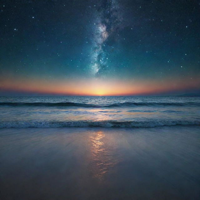 An abstract depiction of the concept of timelessness: a vast, endless cosmos with glowing stars intersecting with a tranquil, boundless ocean, both intersecting at an infinite horizon.