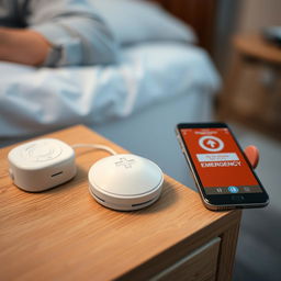 Close-up of a medical alert button placed on a bedside table next to the bed of an elderly person