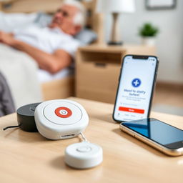 Close-up of a medical alert button placed on a bedside table next to the bed of an elderly person