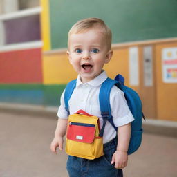 A cute, wide-eyed baby in smart clothes, holding a miniature school backpack, standing in front of a colorful primary school with a shy yet excited expression.