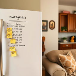 An image of a kitchen or living room with an emergency contact list clearly visible on the refrigerator or wall