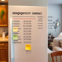 An image of a kitchen or living room with an emergency contact list clearly visible on the refrigerator or wall