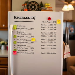 An image of a kitchen or living room with an emergency contact list clearly visible on the refrigerator or wall