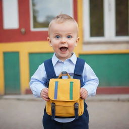 A cute, wide-eyed baby in smart clothes, holding a miniature school backpack, standing in front of a colorful primary school with a shy yet excited expression.