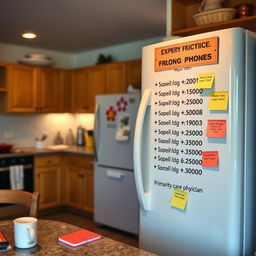 An image of a kitchen or living room with an emergency contact list clearly visible on the refrigerator or wall