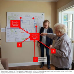 An image of a house plan with evacuation routes clearly marked in red