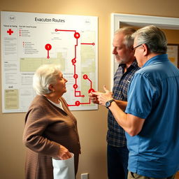 An image of a house plan with evacuation routes clearly marked in red