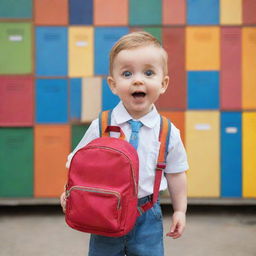 A cute, wide-eyed baby in smart clothes, holding a miniature school backpack, standing in front of a colorful primary school with a shy yet excited expression.