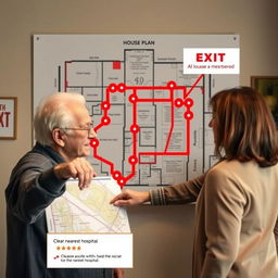 An image of a house plan with evacuation routes clearly marked in red