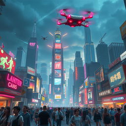 A futuristic cityscape with neon lights, hovering vehicles, and towering skyscrapers, combining a sense of chaotic energy and vibrant urban life