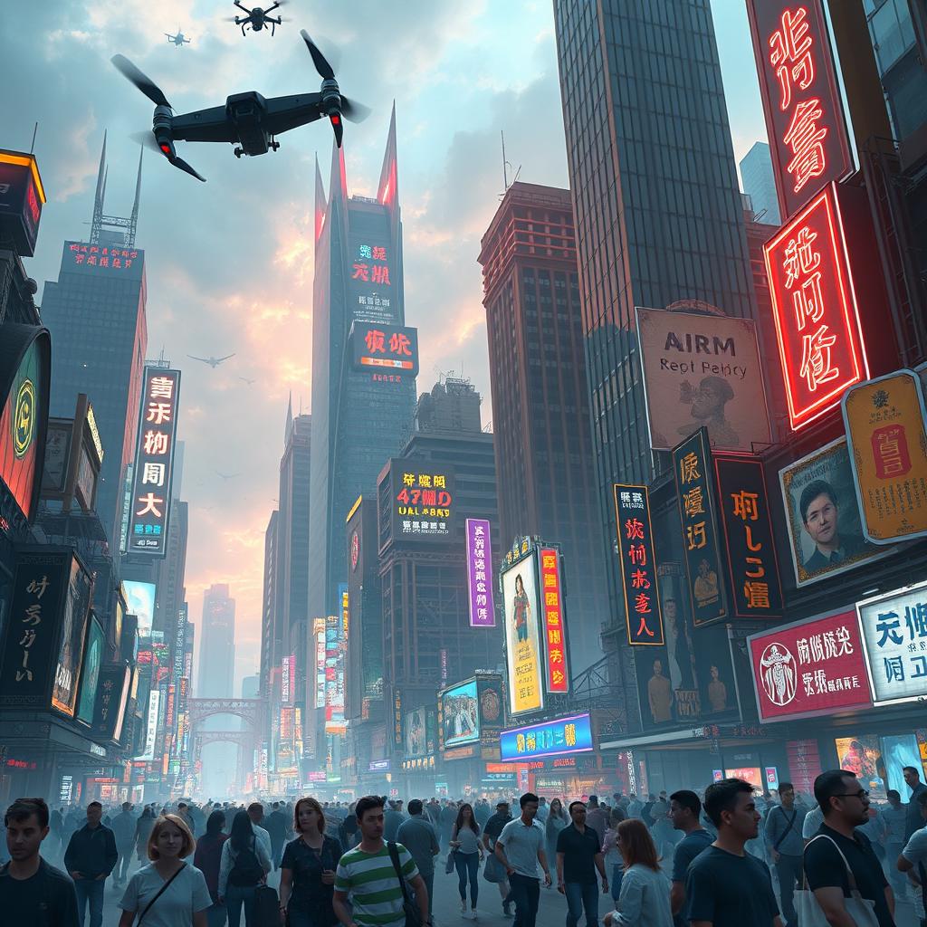 A futuristic cityscape with neon lights, hovering vehicles, and towering skyscrapers, combining a sense of chaotic energy and vibrant urban life