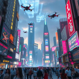 A futuristic cityscape with neon lights, hovering vehicles, and towering skyscrapers, combining a sense of chaotic energy and vibrant urban life