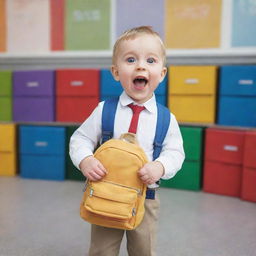 A cute, wide-eyed baby in smart clothes, holding a miniature school backpack, standing in front of a colorful primary school with a shy yet excited expression.