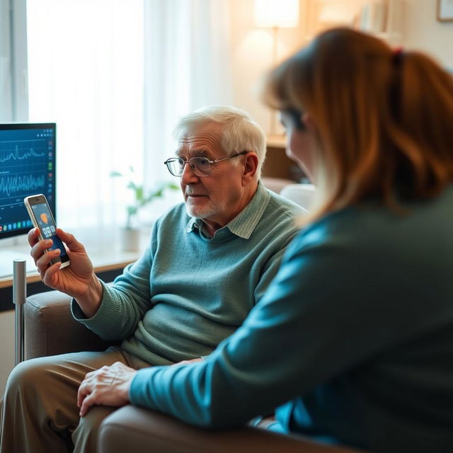 An elderly person using a telemedicine or remote monitoring device in their home