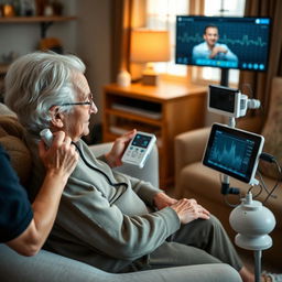 An elderly person using a telemedicine or remote monitoring device in their home