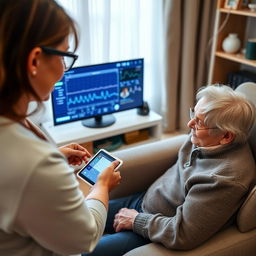 An elderly person using a telemedicine or remote monitoring device in their home