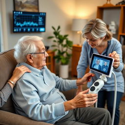 An elderly person using a telemedicine or remote monitoring device in their home