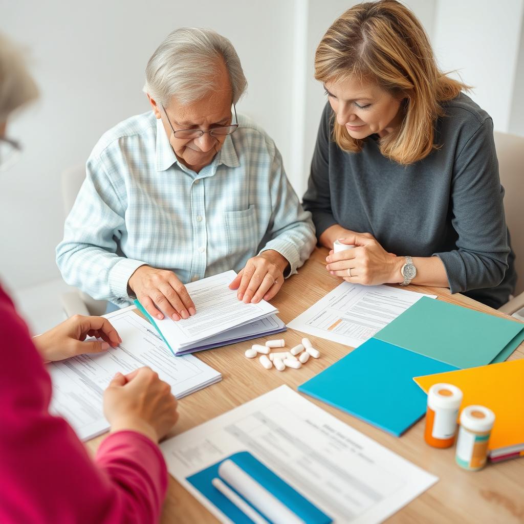 An image of a neatly organized table with medical documentation, health history, and a clearly labeled set of medications