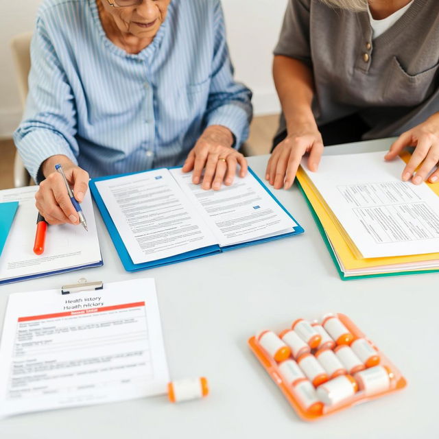 An image of a neatly organized table with medical documentation, health history, and a clearly labeled set of medications